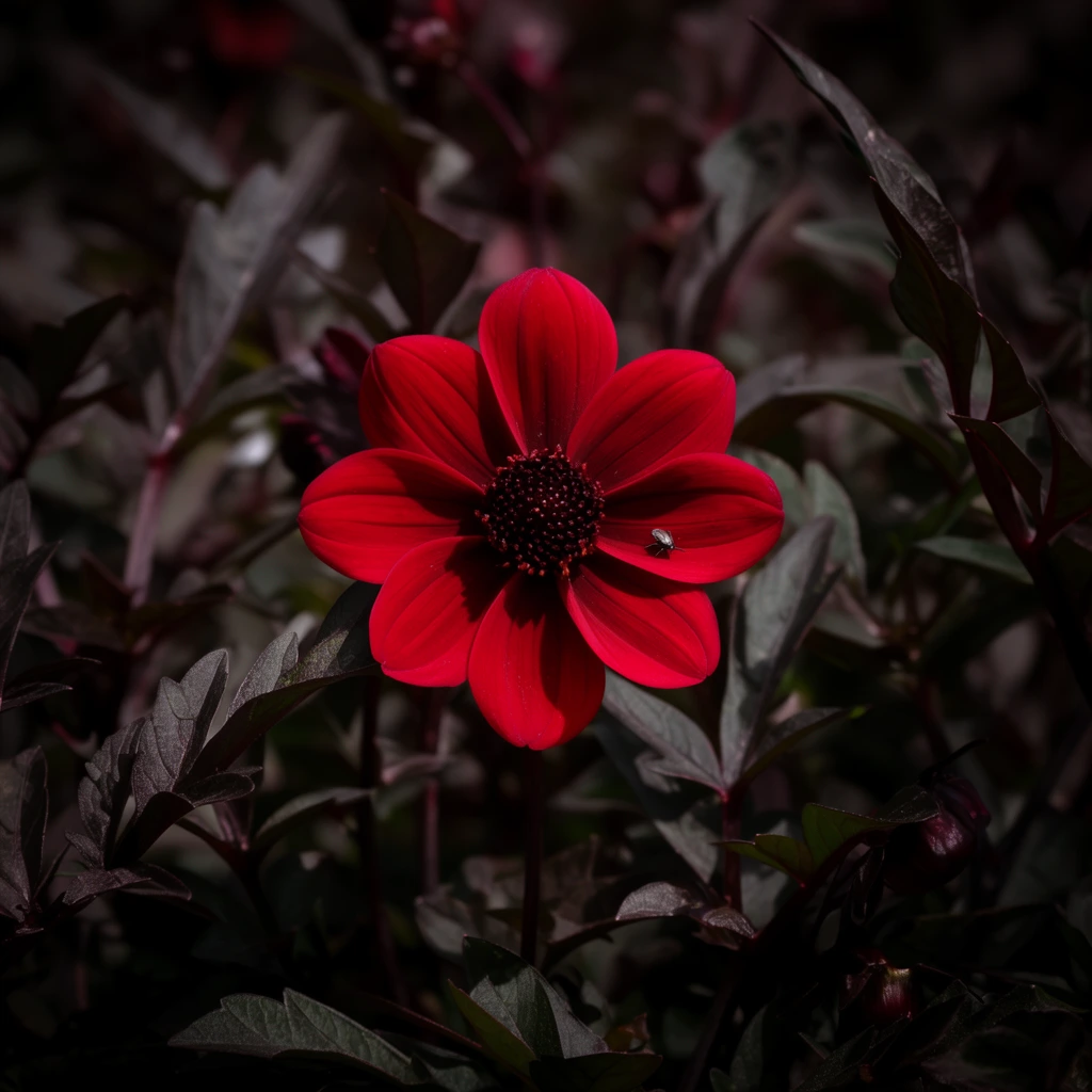 vibrant crimson single dahlia flower in sharp focus, dark textured button center, tiny insect on one petal, surrounded by deep burgundy and dark green lobed foliage, soft blurred background, shallow depth of field, dramatic chiaroscuro lighting, moody botanical macro photography