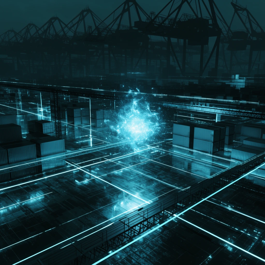 futuristic industrial complex, bright glowing cyan neon lines, central glowing blue energy anomaly, reflective grid floor, stacked rectangular cargo containers, metallic walkways, massive silhouetted cranes in background, dark monochromatic teal and black palette, high contrast, cyberpunk sci-fi aesthetic, wide elevated perspective, digital 3D render