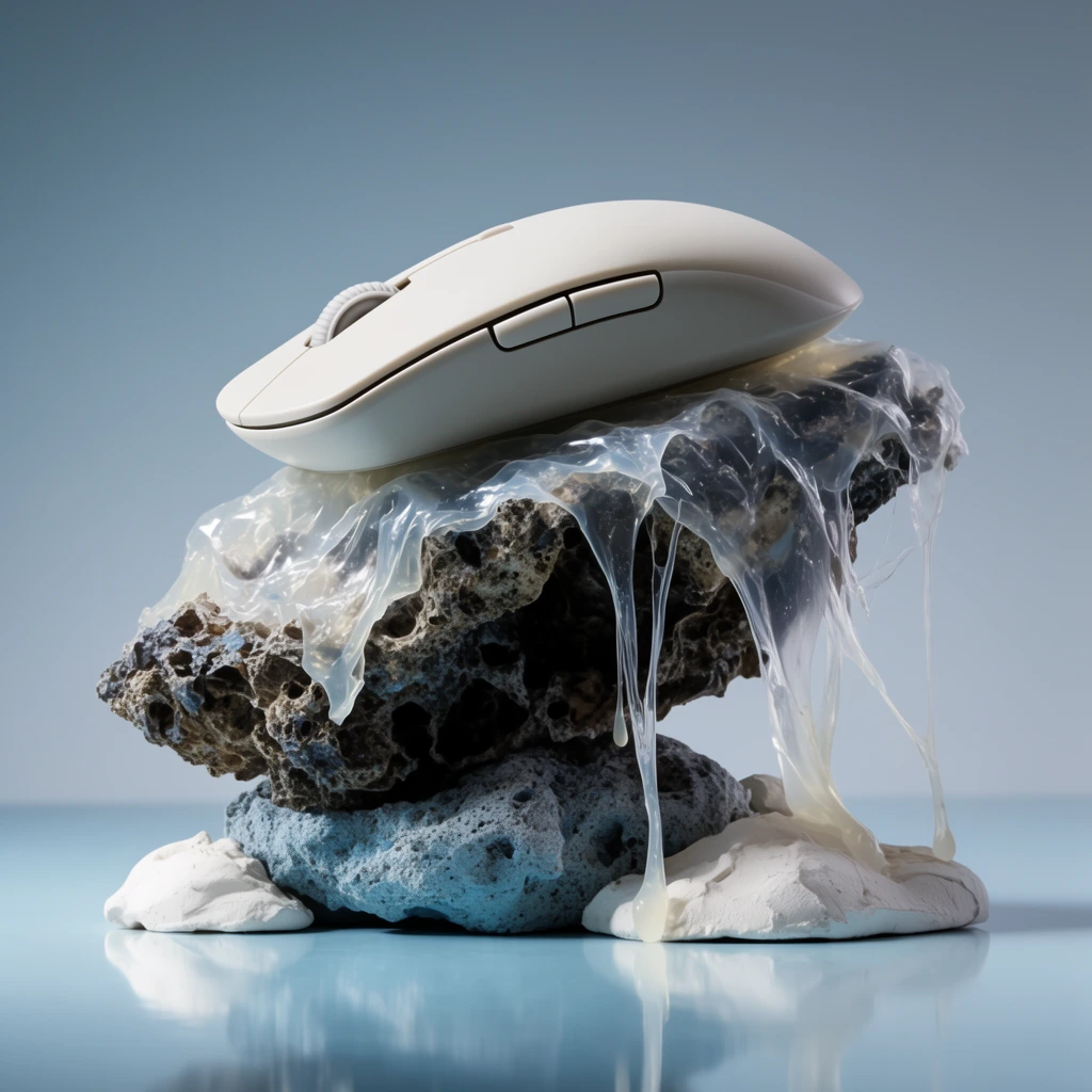 minimalist off-white wireless computer mouse balanced atop a dark porous organic rock formation, translucent gelatinous plastic sheeting draped over the stone with long stringy viscous tendrils dripping downward, resting on a rough blueish-grey base and smooth white plaster mounds, glossy highly reflective light blue floor, seamless soft blue-grey gradient backdrop, surrealist still-life composition, soft directional studio lighting from upper left, cool monochromatic color palette, hyper-realistic contrast of sleek technology and textured organic decay