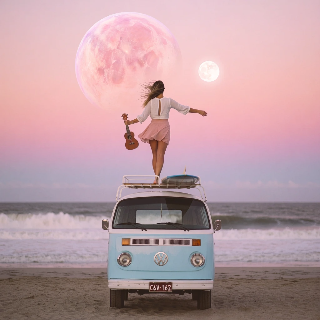 A woman with long wind-swept hair stands atop the roof rack of a vintage light blue and white Volkswagen van parked on a sandy beach under a surreal pink twilight sky featuring two large celestial bodies. Facing away from the viewer, she balances on the white metal rack with her right arm extended outward and her left hand holding a small brown ukulele by its neck. She is dressed in a white long-sleeved blouse with a vertical cutout on the back and a short, light pink skirt that flutters in the breeze. The classic van is centered in the foreground, displaying a circular silver emblem on its front and a dark license plate with the white text "C6V-162" mounted on the bumper. A dark surfboard lies flat on the roof rack next to her feet. In the background, white-capped waves of a dark ocean roll toward the shore. The sky transitions from a soft purple at the horizon to a vibrant pink above, where a massive, translucent pink planet with visible craters and surface textures dominates the upper left, accompanied by a smaller, brightly glowing white moon to its right. The composition utilizes a centered, eye-level perspective with a soft-focus background, characterized by a dreamlike pastel color palette and diffuse, warm lighting.