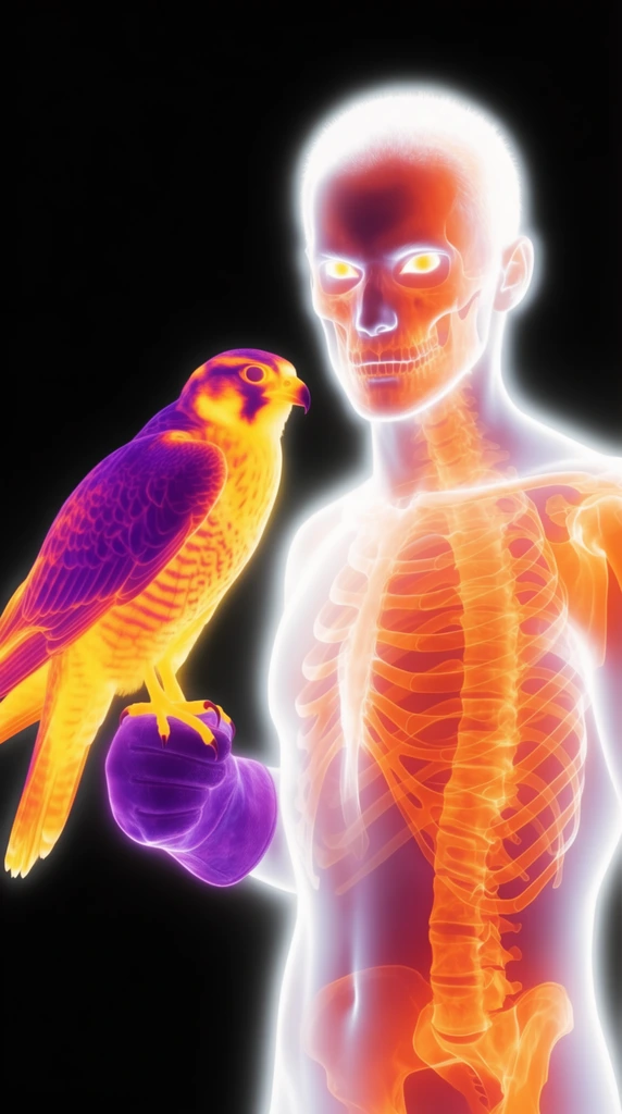 A glowing x-ray rendering of a human figure holding a falcon on a thick purple glove against a solid black background. The person features a bright white outer aura that reveals an orange skeletal structure within, complete with sharp facial features and intense glowing eyes. The bird is depicted in vivid yellow, orange, and purple thermal colors. The high-contrast image resembles a 3D scientific visualization or thermal imaging.