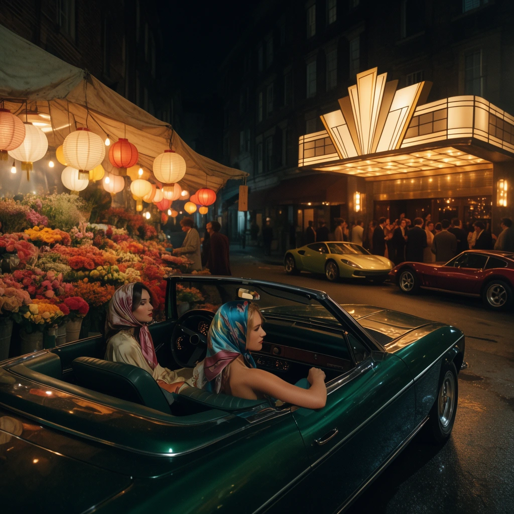 A cinematic nighttime street scene featuring a dark green vintage convertible carrying two women in silk headscarves. On the left, a flower market glows beneath a canvas awning lined with paper lanterns. To the right, a jazz club shines under a geometric Art Deco marquee, casting warm golden light onto mingling patrons and parked sports cars. Deep shadows and anamorphic wide framing contrast the vivid warm localized lights against the cool ambient darkness.