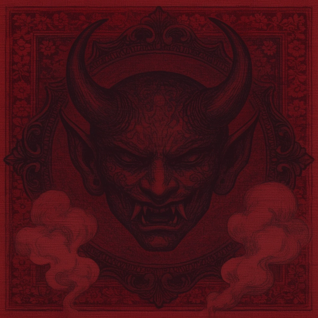 A central demon face with two large curved horns, pointed ears, and sharp fangs, its skin covered in intricate patterns, rendered in dark, charcoal-like etched linework against a deeply textured, monochromatic crimson red background. An ornate frame surrounds the head, set against a repeating floral patterned background, with two plumes of smoke occupying the bottom left and bottom right corners. The entire composition features the distinct aesthetic of a vintage lithograph or dark etching printed directly onto a rough, woven fabric canvas. Prominent horizontal and vertical thread textures permeate the image, combining heavy cross-hatching and shaded stippling with a low-contrast, shadowy integration of the dark illustrative elements into the rich, pervasive deep red hue.