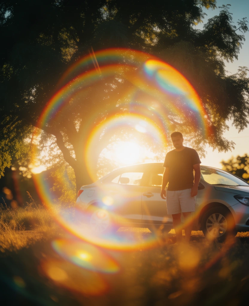 man standing beside a car parked near a tree, intense golden hour backlighting, massive circular prismatic lens flare, rainbow-edged light diffraction, heavy halation, soft-focus bloom, rich amber and deep green palette, vintage 35mm film aesthetic, tactile grain, shallow depth of field with blurred foreground grasses, ethereal hazy atmosphere, rim lighting highlighting the car and man, nostalgic dreamlike mood, low contrast, organic light leaks