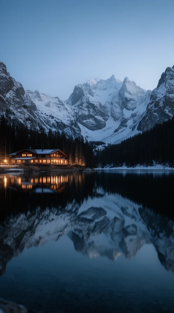 A tranquil alpine lake reflects snow-capped mountains and a glowing lakeside lodge at twilight. The dark water creates a flawless symmetrical mirror of the rugged peaks, black forests, and warm illuminated windows on the left shore. Captured with a wide-angle lens, this serene landscape photograph contrasts a cool blue atmospheric palette with cozy artificial lights.