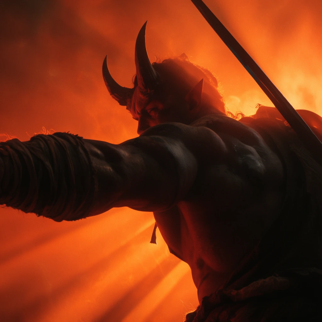A muscular, horned warrior extends a wrapped arm through a fiery, smoky environment. A dark blade angles near their head. Intense orange backlighting and diagonal volumetric light rays cast deep shadows across the figure's back in this cinematic low-angle close-up.