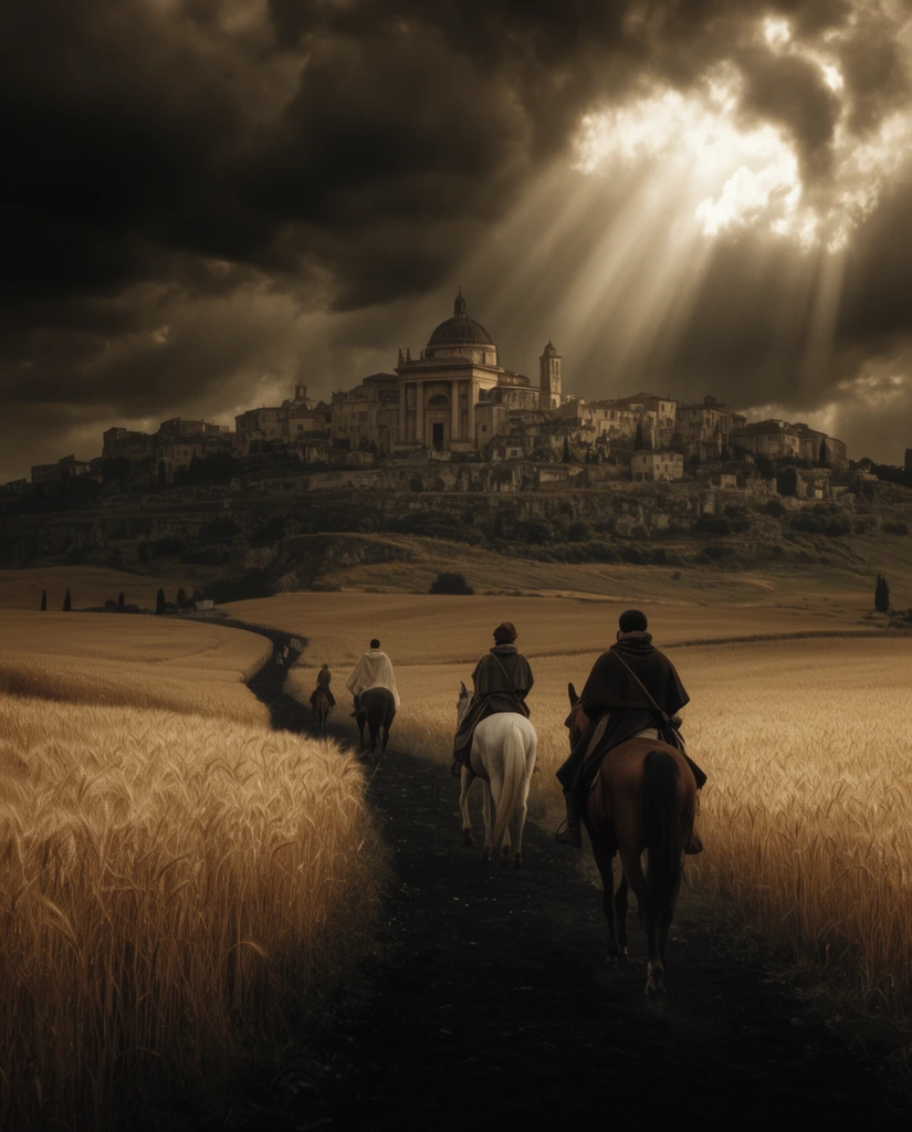 travelers on horseback from behind, winding dark path through golden wheat fields, distant ancient hilltop city, classical stone architecture, dramatic sunbeams through stormy skies, heavy sepia grading, dark cinematic wide shot
