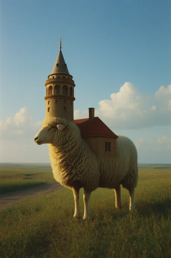 Surrealist Pastoral Dreamscape style reference image — vast pastoral landscape