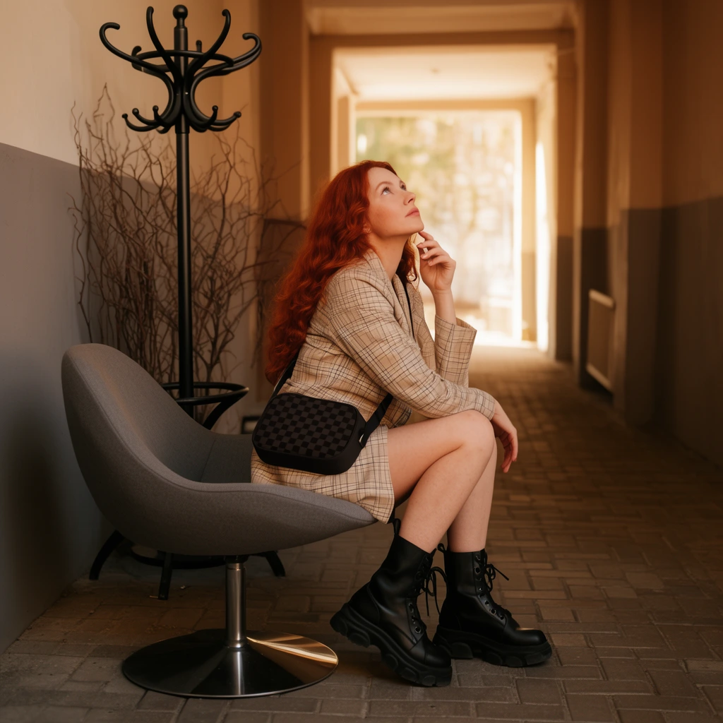 A woman with long wavy red hair sits in a grey modern swivel chair within a deep corridor, gazing upward with her hand touching her chin. She wears a beige plaid blazer, chunky black combat boots, and a dark checkerboard crossbody bag. A black metal coat rack and dry branches stand to her left. The hallway features a paved floor and two-toned walls. Warm natural light streams from the far opening, casting a soft cinematic glow that highlights her hair against the softly blurred background.