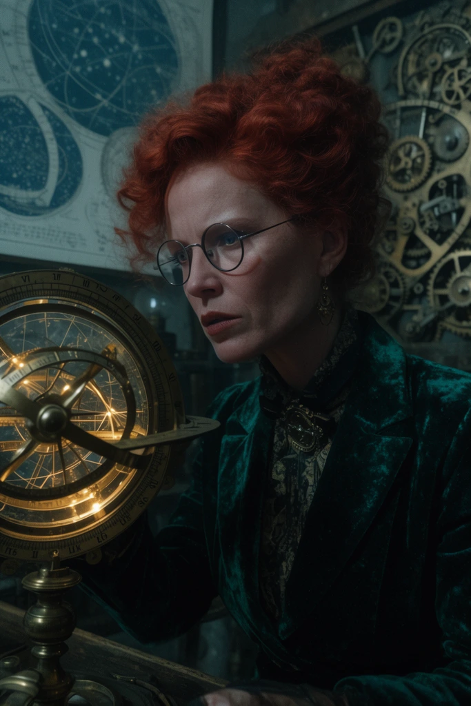 A close-up of a sharp-featured woman with a curly red updo and wire-rimmed glasses in an emerald velvet blazer, staring intensely at a glowing brass astrolabe. The dimly lit steampunk workshop background features intricate clockwork mechanisms and faded celestial star charts. Cool moody lighting and dramatic shadows emphasize the gritty cinematic 35mm film grain.