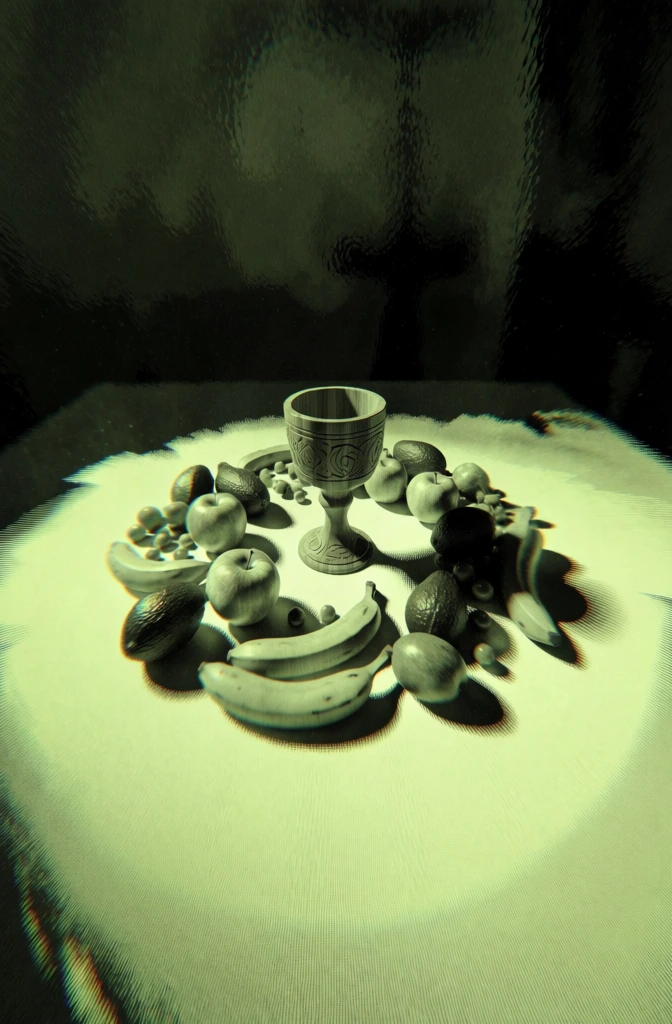 a central wooden chalice surrounded by assorted produce, high-contrast monochromatic lime green and black palette, heavy digital dither and pixelated grain, radial motion blur creating a warped tunnel perspective, glitchy scanline artifacts, dramatic fisheye distortion, low-resolution night-vision aesthetic, eerie found-footage atmosphere, bright central highlight fading into deep shadow, textured digital noise, dark vignetting, lo-fi experimental graphics style.