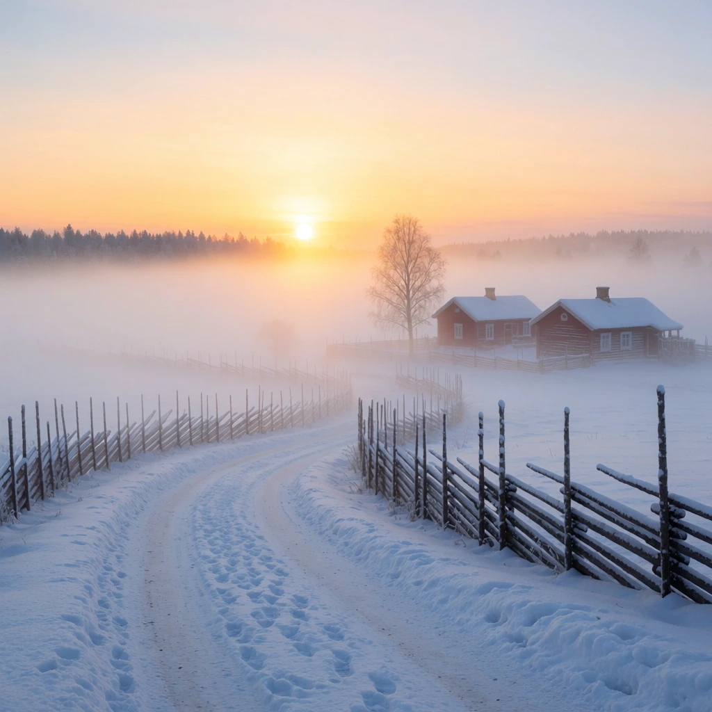 Serene winter landscape at sunrise with a snow-covered road and rustic fences fading into heavy mist, curved snowy dirt path with footprints and tire tracks, traditional round-pole wooden fences lining the route, solitary bare tree next to two traditional red wooden houses with snow-capped roofs, thick ground fog obscuring a distant dark treeline, low sun radiating a brilliant warm golden-orange glow, soft pastel gradient sky transitioning from vibrant yellow to pale cool blue, atmospheric landscape photography, tranquil ethereal winter mood, soft diffused lighting