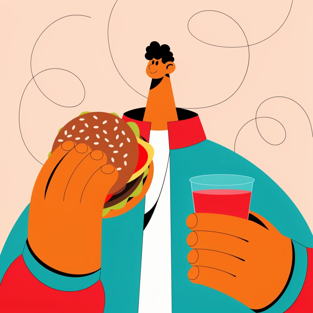 surreal flat vector illustration, figure with a tiny head and long neck, massive hands holding a sesame seed burger and small red drink, teal and red windbreaker jacket, minimalist peach background, thin black swirling continuous lines, solid block colors, contemporary editorial art