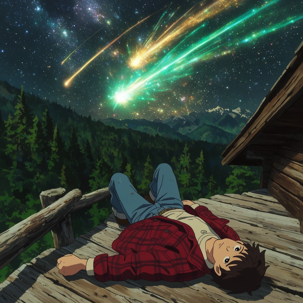 young man in a red flannel jacket and denim jeans lying on a weathered wooden boardwalk, rustic log railing along the left edge, overlooking a dense alpine forest, spectacular starry night sky, massive radiant emerald and golden meteor streaks illuminated by cosmic dust, high angle perspective, cinematic anime illustration style, wooden cabin roof corner in the foreground