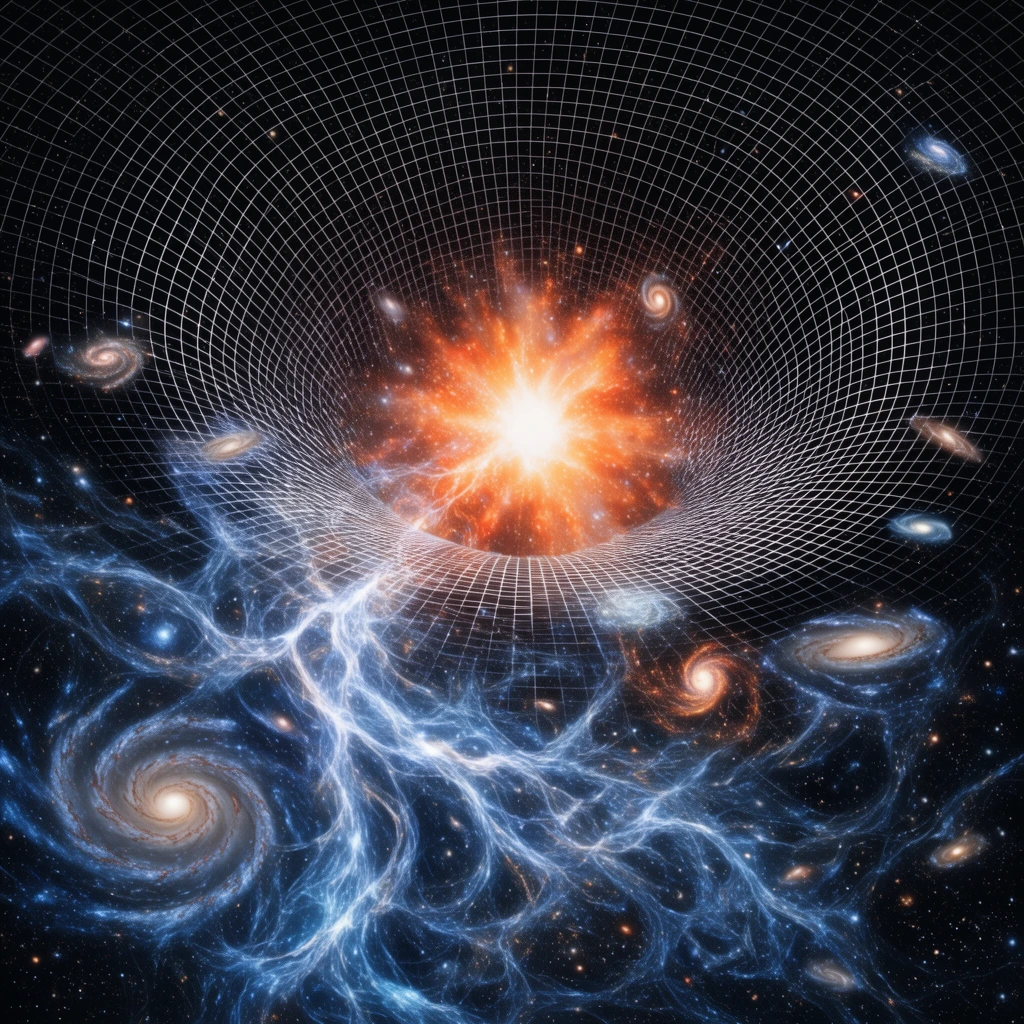 A conceptual deep space illustration centered on a radiant orange and white cosmic explosion. A curved, three-dimensional white polar grid overlays the dark void, dotted with scattered small galaxies. Chaotic, glowing blue and white energy filaments swirl organically across the lower section, encompassing distinct spiral galaxies. The composition contrasts rigid geometric mesh against fluid astronomical phenomena using high-contrast lighting and vivid colors.