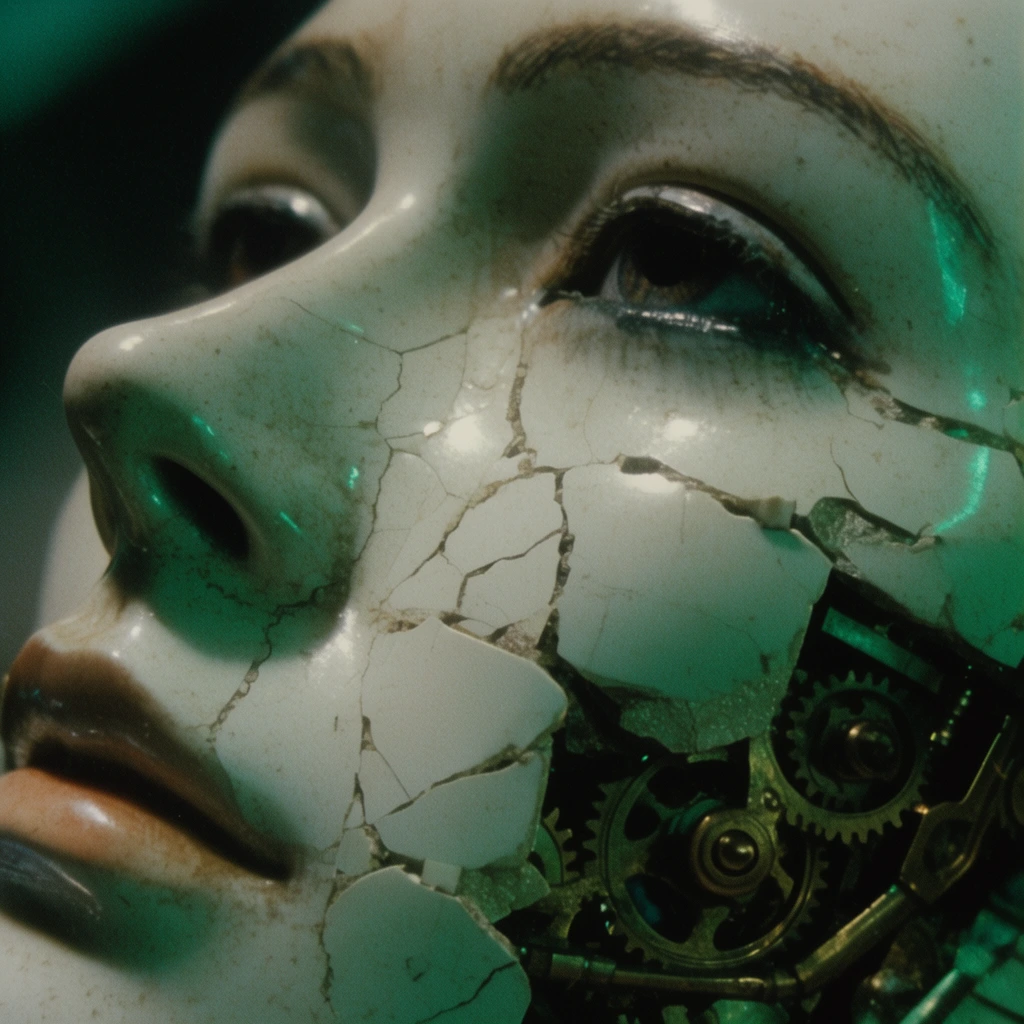 extreme close-up sideways face of a cracked porcelain android, melancholic stare, shattered cheek revealing brass gears, emerald green lighting, 1980s 35mm horror film style, gritty grain