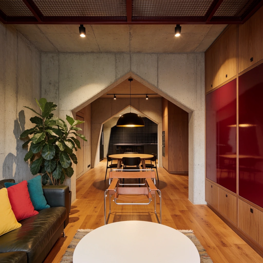 An open-plan living space features exposed concrete walls pierced by distinctive angular, house-shaped archways. A large potted plant stands beside a dark leather sofa accented with vibrant red, yellow, and teal pillows. A white round coffee table and a tan leather chrome-framed stool sit on warm hardwood floors, facing a built-in wooden wall unit with glossy deep red panels. Through the central archway, a dining area features a round wooden table and black chairs under an oversized black and gold dome pendant light. The background kitchen displays black grid tiles. An exposed concrete ceiling with black track lighting and a dark metal grid completes the warm, ambient architectural scene captured in a wide-angle straight-on perspective.
