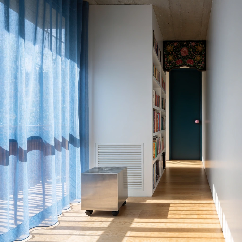 Sunlight streams through sheer blue curtains, casting striped shadows across a light wood floor. Beside a smooth white wall with a louvered vent stands a cubic metallic rolling stool. A narrow corridor reveals built-in bookshelves, an ornate floral decoration near a raw concrete ceiling, and a dark teal door with a pink round knob.