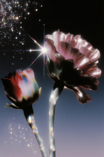 Ethereal Iridescent Futurism style reference image — surreal high-fashion metallic