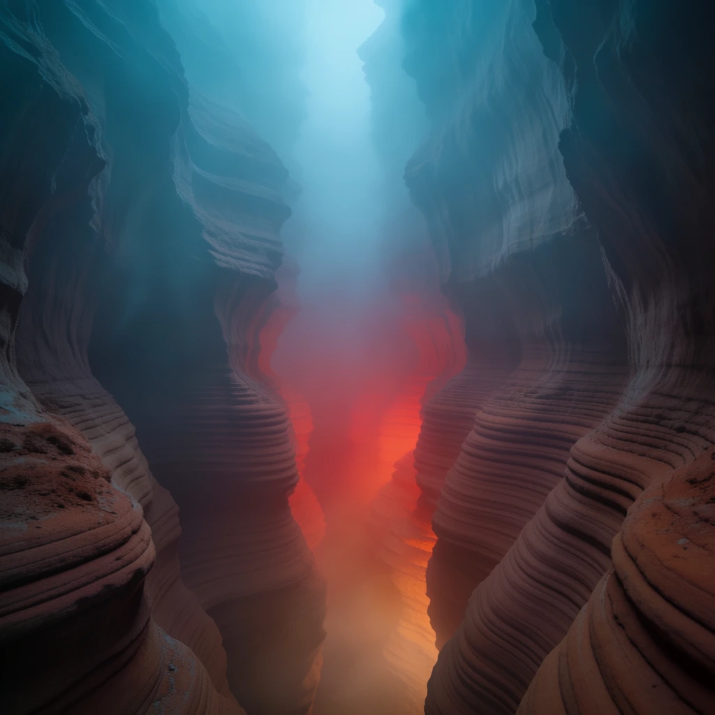cinematic shot of a deep slot canyon with distinct horizontal striations, enveloped in dense volumetric teal fog and ethereal haze, a mysterious warm amber and radiant red glow pulsing from within a narrow crevasse, sharp cyan light beams piercing through the atmosphere, moody synthwave aesthetic, heavy film grain, surreal dreamlike perspective, high contrast between cool teal environment and saturated orange core, soft focus gradients, ultra-detailed 3d render style