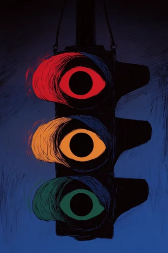 Nocturnal Esoteric Surrealism style reference image — electric blue and crimson