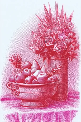 Monochromatic Magenta Engraving style reference image — halftone engraving