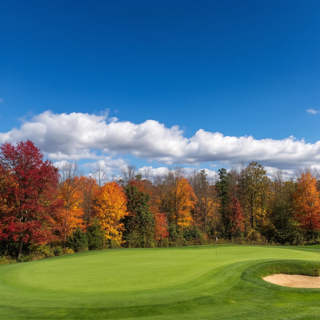 A vibrant, manicured golf green is bordered by a lush autumn forest beneath a vast bright blue sky. The smooth, curved expanse of bright green grass features a single flagstick and a tan sand bunker nestled in thicker turf to the lower right. Behind the pristine green, a dense treeline showcases a rich spectrum of fall foliage, contrasting deep reds, vivid oranges, and golden yellows with lingering dark greens and bare branches. Above the trees, a horizontal band of fluffy white cumulus clouds stretches across the horizon. A deep azure sky fills the upper half of the frame. The wide-angle landscape photography features sharp focus, vibrant color saturation, and the crisp natural lighting of a clear daytime environment.