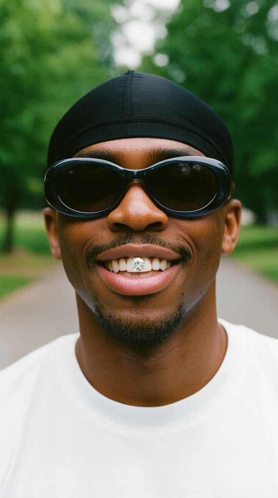 Close-up portrait of a smiling Black man wearing a tight black skullcap, thick dark oval sunglasses, and a plain white t-shirt. A prominent diamond gem sparkles on his upper front tooth above a light mustache and goatee. The photograph is captured with natural daylight, subtle film grain, and a shallow depth of field against deeply blurred green trees and a soft gray paved path.