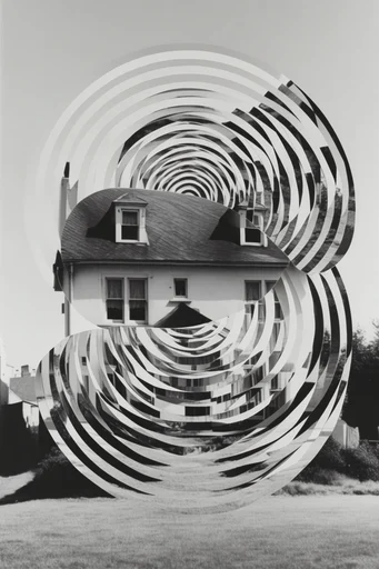Monochrome Geometric Surrealism style reference image — concentric circular patterns