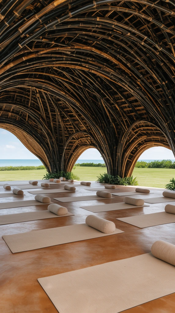 open-air bamboo yoga pavilion, intricate woven dark bamboo arched ceiling, smooth earthen floor, aligned beige yoga mats with bolster cushions, archways framing green lawn and ocean horizon, natural daylight, organic structure