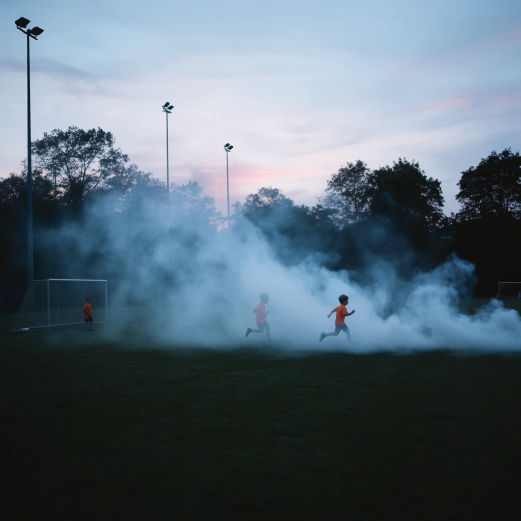 Children run through a dense plume of white smoke sweeping across a grassy sports field at dusk. Two small figures in bright orange shirts dash rightward, half-obscured by the billowing fog, while a third figure waits near a soccer goal. Tall light poles and dark silhouetted trees frame the scene against a muted sky of pale blue and soft pink. Captured in a wide cinematic perspective, the cool, moody color grading highlights the ethereal contrast between the luminous mist and the deeply shadowed foreground.