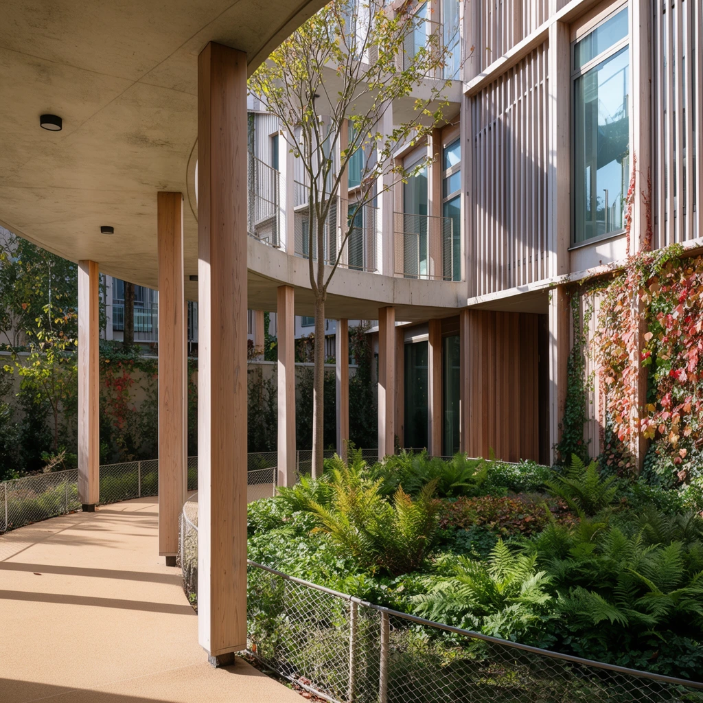 modern architectural courtyard, curved concrete overhead walkway supported by light-toned wooden pillars, sharp shadows cast across a smooth tan path, thin tree trunk rising through the open structure, central garden lush with green ferns and foliage, multi-story facade featuring vertical wooden slats and large windows, climbing ivy with reddish autumn leaves, low wire mesh fence along the border, bright natural sunlight, professional architectural photography, clear sharp focus