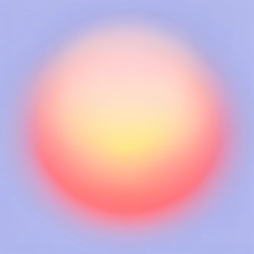 A luminous, soft-focus circular gradient centered on a pale lavender background. A glowing core of warm yellow seamlessly transitions into soft peach and vibrant coral pink before fading completely into the cool periwinkle expanse, creating an ethereal, minimalist aura with perfectly smooth color blending.