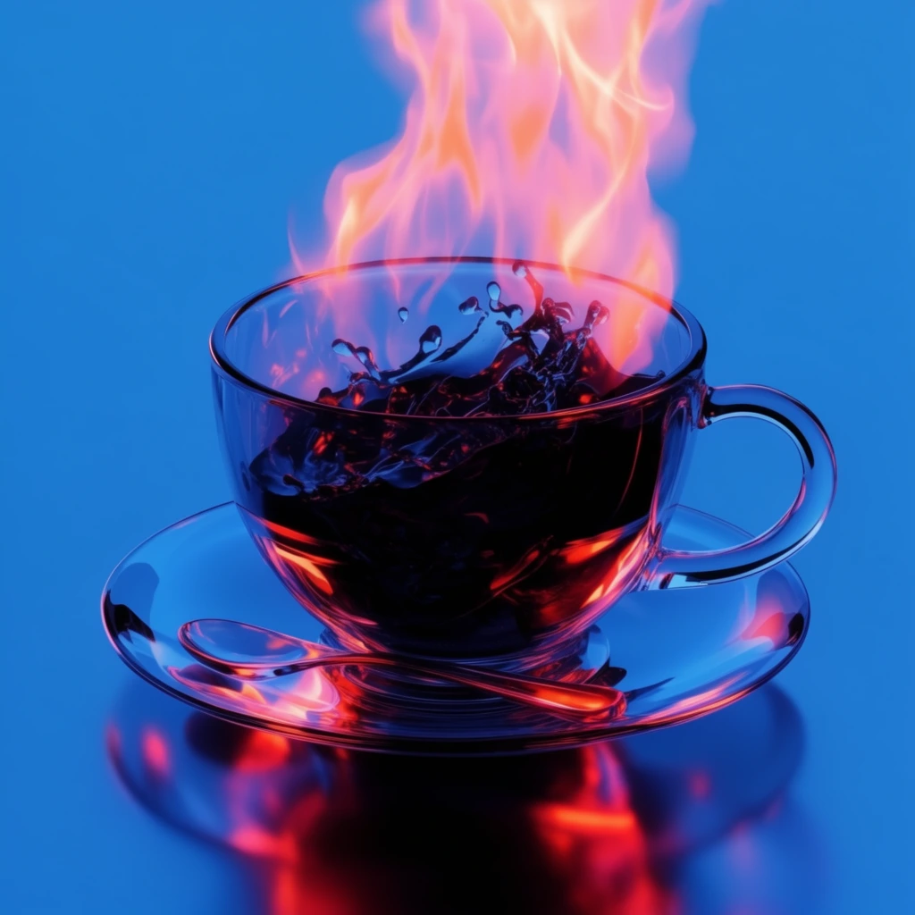 A glossy glass teacup and saucer sit on a reflective surface against a solid neon blue background. Dark splashing liquid inside the cup emits ethereal orange and pink flames. Intense neon blue and fiery red lighting reflects heavily off the transparent materials and small spoon. The 3D render emphasizes extreme contrast and luminous colors.