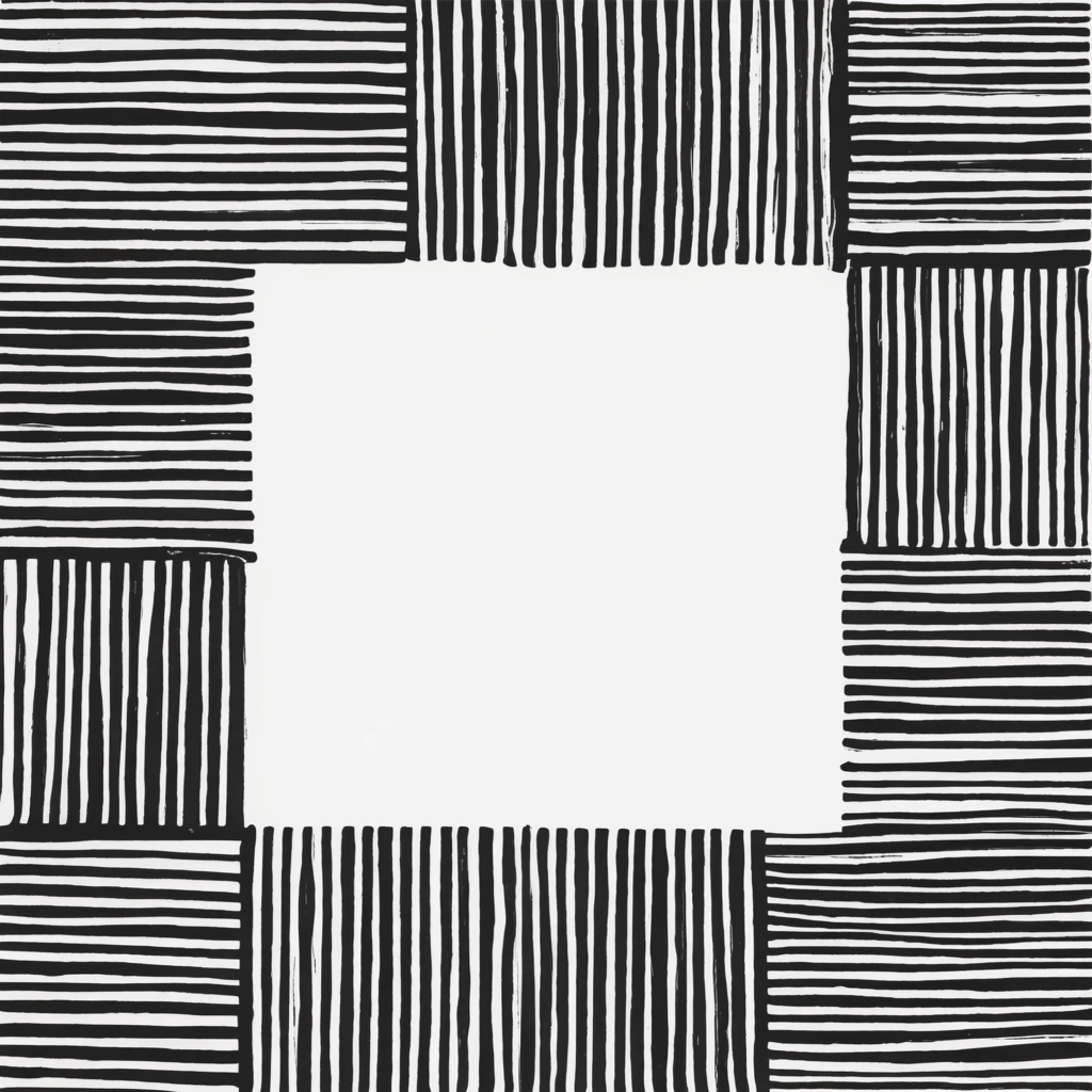 Stark monochromatic abstract graphic framing a central white rectangular void. Surrounding geometric panels are densely packed with thick, alternating horizontal and vertical parallel black lines. These structured blocks display slight organic irregularities resembling bold linocut print textures. The minimalist, high-contrast composition balances heavy linear patterns against expansive empty space.