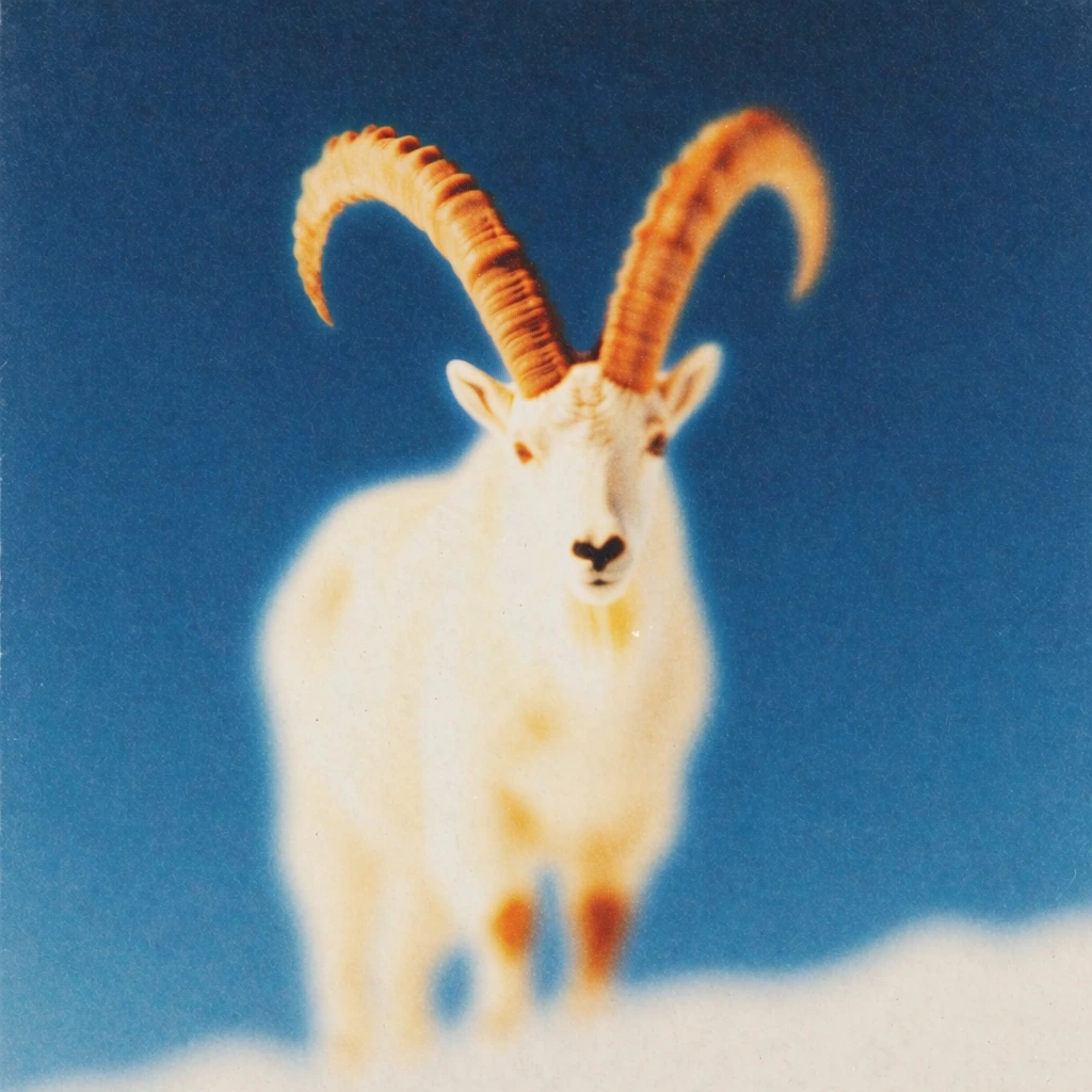 stylized mountain goat with large thick horns, minimalist centered silhouette, soft focus blurred edges, glowing halo effect, heavy digital grain and noise, vintage risograph texture, lo-fi airbrushed aesthetic, vibrant creamy white and amber highlights, saturated ultramarine blue textured background, ethereal atmosphere, grainy color gradients, dreamlike quality, no sharp lines, retro 1970s graphic art style, diffused ambient lighting