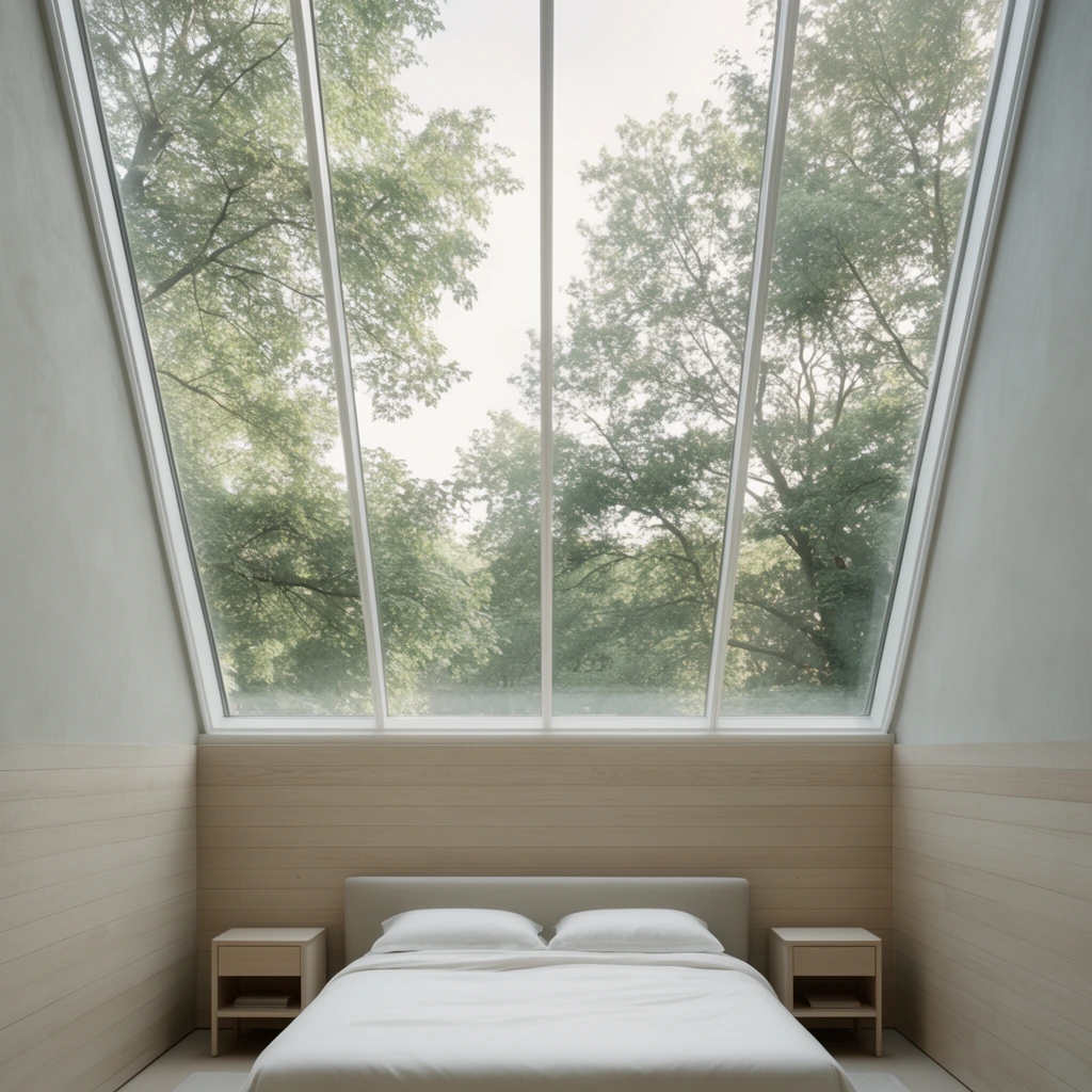 A minimalist, symmetrically composed bedroom centered beneath a massive sloped skylight. A low bed dressed in smooth white linens sits between identical pale wood nightstands. The lower walls feature horizontal light wood paneling, transitioning to smooth light grey plaster above. The dominant angled skylight is framed by thin white mullions, revealing a lush canopy of green trees against a bright, hazy sky. Straight-on architectural interior photography capturing soft, diffused natural daylight, clean geometric lines, and a serene muted neutral palette.