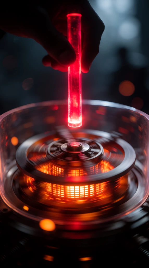 A cinematic macro photograph captures a translucent cylindrical wand glowing with a fierce neon crimson, suspended by a dark silhouetted hand over a rapidly spinning metallic mechanism. The tiered circular rotor blurs with motion, radiating intense, fiery orange light from its grid-like core within a curved transparent barrier. The shallow depth of field blurs the dark, moody background into deep shadows, cool blue-gray hues, and scattered warm orange bokeh orbs.