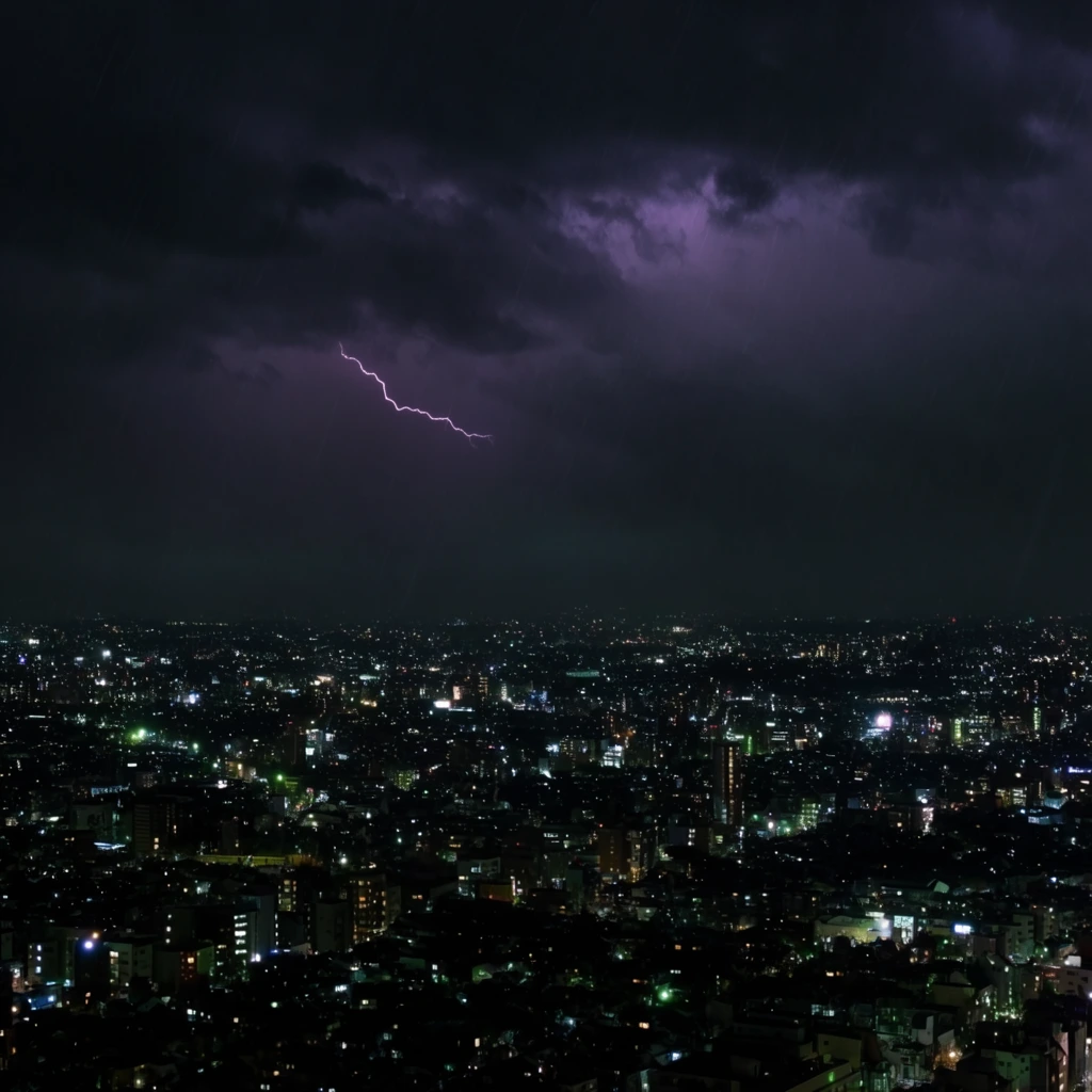 A sprawling illuminated cityscape at night beneath a heavy stormy sky pierced by a jagged purple lightning bolt. The wide aerial perspective reveals a dense urban grid of scattered white, yellow, and green lights stretching toward a dark horizon. Thick ominous clouds blanket the upper half of the frame with faint diagonal streaks of rain falling throughout. The cinematic composition heavily contrasts the glowing metropolis below with the vast oppressive darkness of the thunderstorm above.