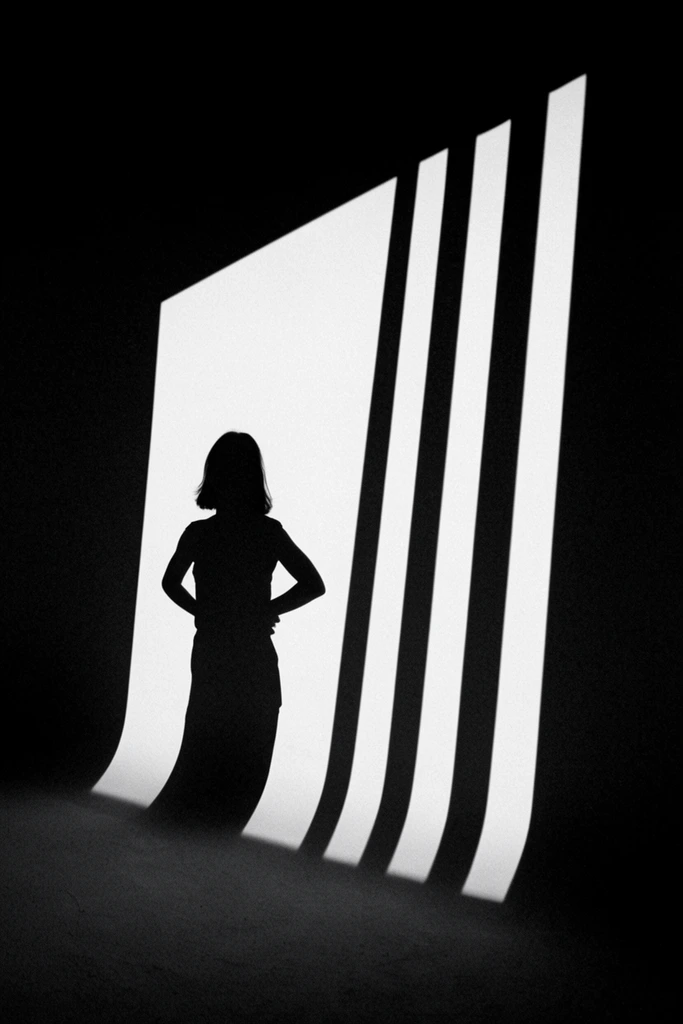 A high-contrast black-and-white silhouette of a person with shoulder-length hair, hands on hips, standing inside a stark white geometric light projection on a deep black background. The angular light forms a doorway beside four thick, slanted vertical bars, creating a grainy, minimalist film noir composition.