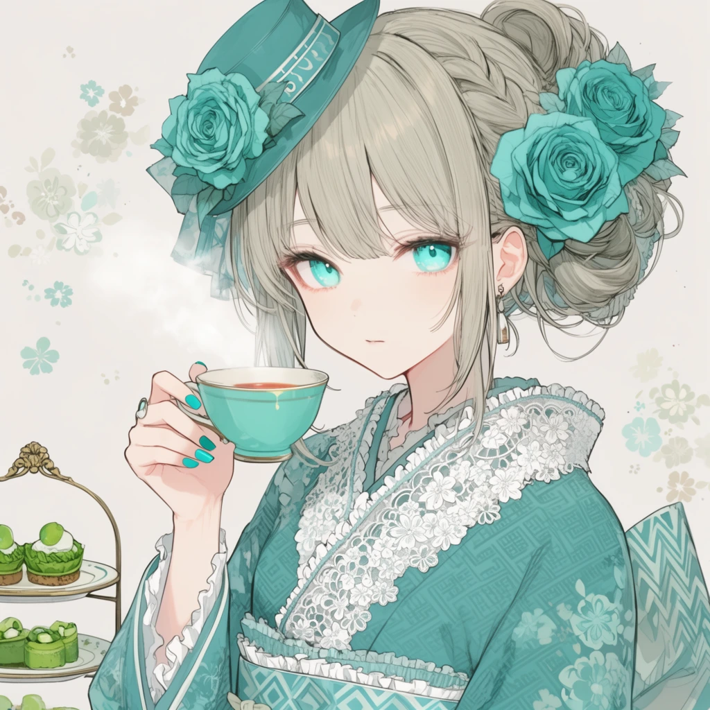 An anime-style illustration of a pale ash-blonde woman holding a steaming teal teacup. She wears a modernized teal kimono layered with white floral lace, geometric motifs, and ruffled edges. Large teal roses and a tilted hat adorn her elaborate hairstyle, complementing her bright aquamarine eyes and teal nail polish. A tiered dessert stand holding green pastries rests in the lower left against a minimalist off-white background dotted with subtle floral graphics. The artwork features fine line art, soft pastel colors, and intricate textile details.
