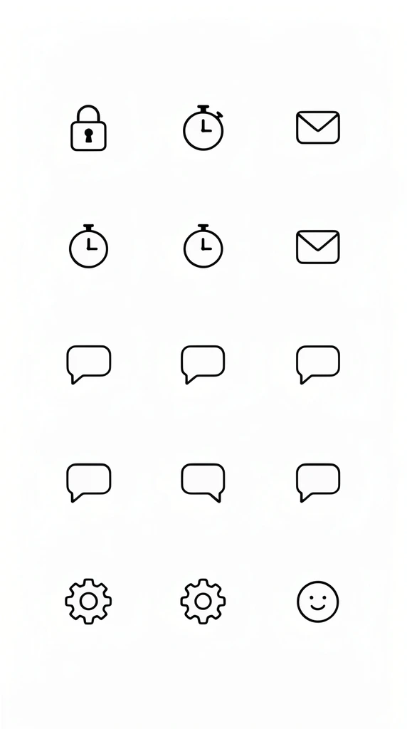minimalist grid of user interface icons, black line art on a solid white background, uniform thin strokes with rounded corners, flat design, depicting symbols like a padlock, stopwatch, envelope, speech bubbles, and a gear, evenly spaced rows, an isolated serene smiling face icon positioned in the lower right, clean geometric aesthetic