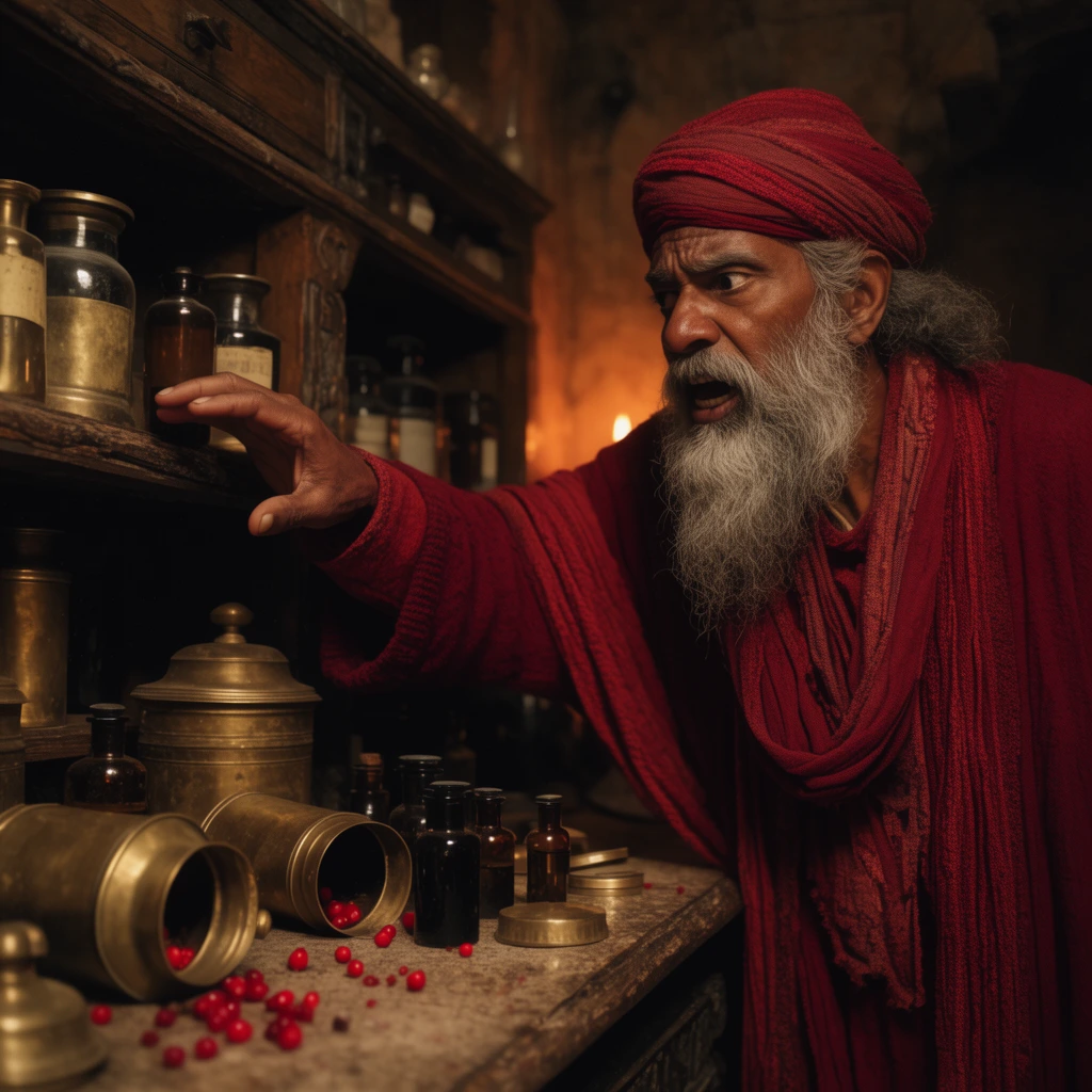 An elderly South Asian man with a long gray beard reaches urgently across a heavy wooden apothecary shelf. Overturned brass canisters, dark glass vials, and scattered red berries clutter the foreground. He wears layered crimson robes in a dimly lit rustic room with warm amber lighting and deep shadows. Cinematic composition with a shallow depth of field.