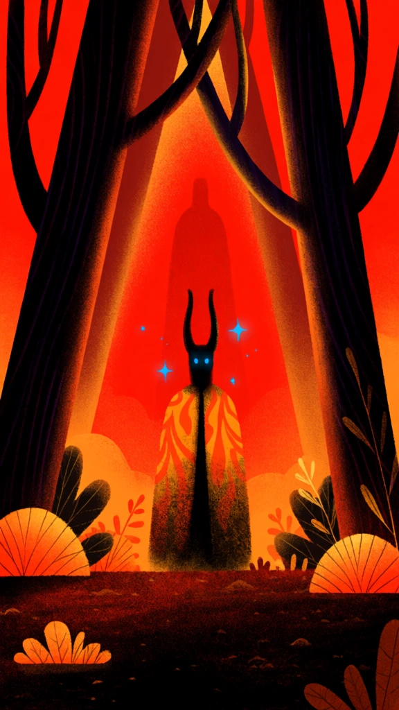 A dark, horned figure stands centered within a vibrant, stylized forest characterized by a bold palette of red, orange, and black. This central humanoid figure is depicted in silhouette with glowing blue eyes and two tall, curved horns protruding from its head, wearing a long, textured cloak decorated with an orange and yellow flame-like pattern. Small, bright blue stars float around the figure's head. The scene is framed by thick, dark tree trunks on the left and right, their branches reaching upward into a solid red sky. In the center, behind the main figure, a triangular shaft of bright red light reveals a faint, towering ghostly silhouette in the distance. The foreground consists of dark, textured earth with orange-lit, fan-shaped bushes and leafy plants scattered along the base of the trees. The artistic style is a grainy digital illustration with a heavy emphasis on high-contrast lighting and a warm, saturated color scheme, creating a dramatic and mysterious atmosphere through its flat, graphic composition.
