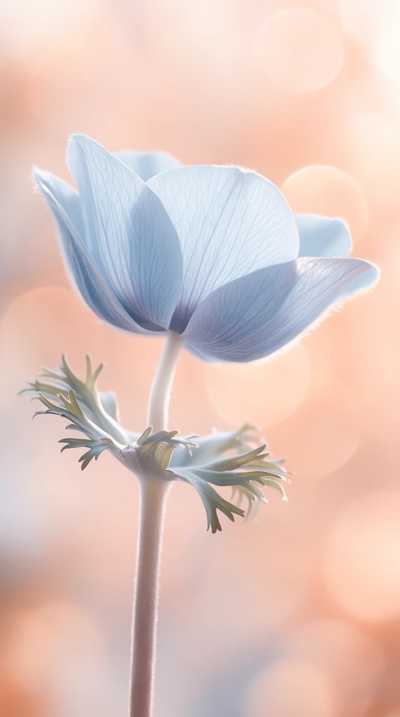 single pale blue anemone flower in profile, ethereal macro photography, delicate cup-shaped petals with fine veining, slender fuzzy stem, fringed leafy collar, backlit glowing edges, dreamy background, large circular bokeh, high-key soft peach and pale blue pastel palette, shallow depth of field