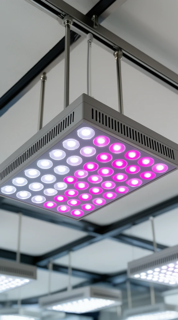 A rectangular LED lighting fixture suspended from a ceiling track by silver metal rods. The flat grey underside houses a grid of circular diodes emitting bright white and vibrant magenta light. The low-angle shot highlights the fixture's slotted edges against a white ceiling with dark structural grid beams. Additional identical lighting panels hang in the softly focused background within a clean commercial environment.