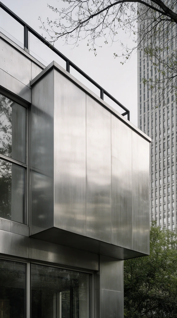 Modernist building exterior, protruding rectangular... | Krea