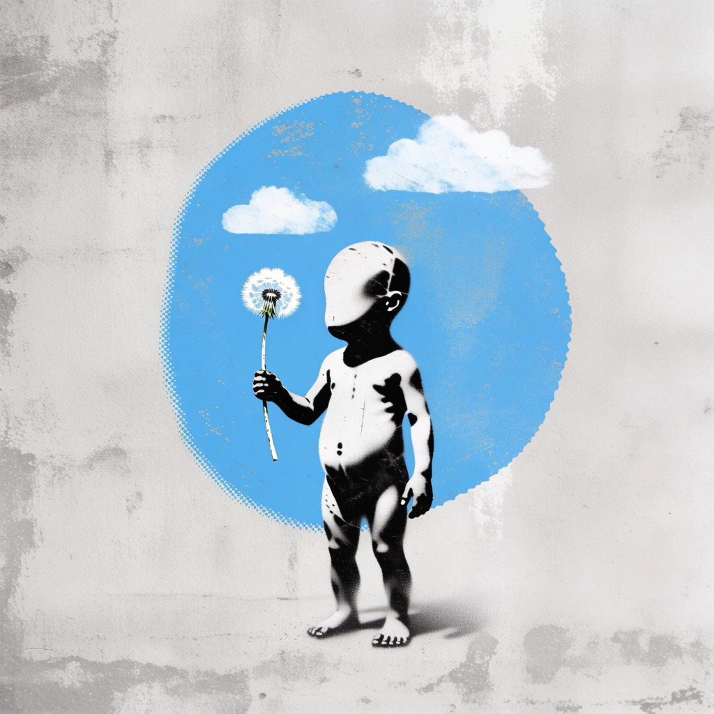 minimalist mixed-media collage, distressed grainy grey concrete texture background, central organic sky blue aperture with pixelated dithered edges, simple graphic white clouds, subject is a bipedal creature in high-contrast black and white stencil style holding a delicate dandelion, flat graphic aesthetics, street art influence, urban mural texture, clean central composition, juxtaposition of organic and digital elements, muted tones with cyan pop, grainy matte finish.