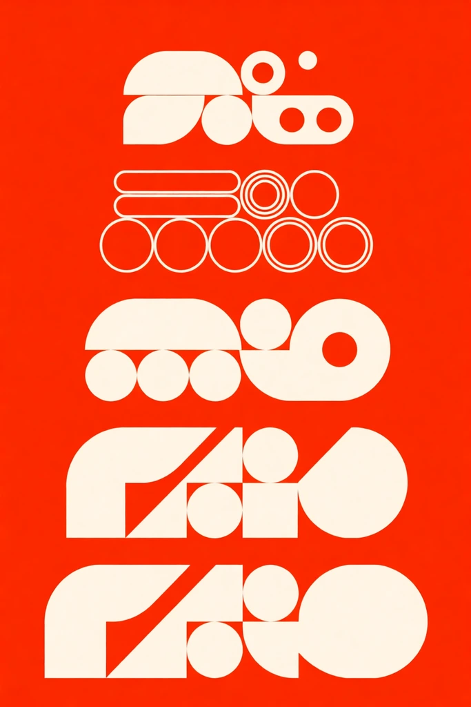 A vertical sequence of five cream-colored geometric shape clusters set against a solid vermilion background. The abstract arrangements evolve structurally from bottom to top. The lowest row features dense blocks with sharp angles and perfect semicircles. Above it, inflated forms are intersected by sharp diagonal slivers of negative space. The middle row shifts to thick, rounded shapes with solid circular nodes. The next row introduces hollow outlined paths, parallel horizontal bars, and concentric rings. The top cluster culminates in clean, continuous curved bands, circular voids, and a detached floating dot. The high-contrast, minimalist composition emphasizes precise vector geometry.