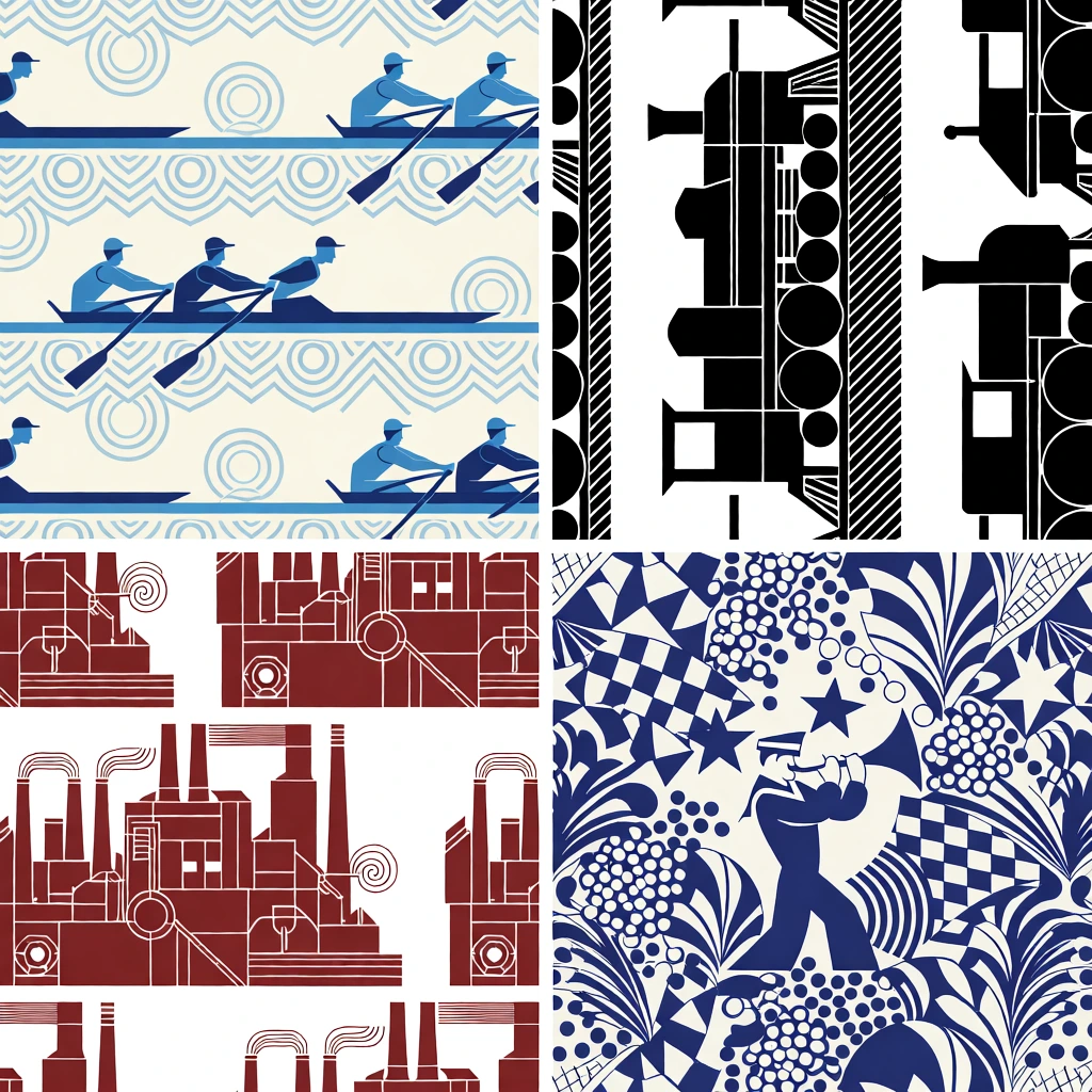 Four individual panels showcase different Art Deco-inspired textile patterns, each using a limited color palette and geometric, stylized imagery. The top left panel features a repeating pattern of rowers in small sculling boats, rendered in shades of light and dark blue on a cream background. The rowers are depicted in silhouette with simple, angular lines, and the water is represented by concentric circular and chevron motifs. The top right panel presents a vertical, monochromatic black-on-white pattern of a steam locomotive. The design is highly industrial and abstract, using thick black lines, circles for wheels, and diagonal hatches to suggest speed and mechanical complexity. The bottom left panel shows a repeating industrial or cityscape scene in a deep reddish-maroon on a white background. This pattern includes stylized architectural elements, smokestacks with spiraling exhaust, and geometric structures that create a sense of dense urban machinery. The bottom right panel is a complex, blue-on-white pattern featuring a nautical or carnival theme. In the center, a stylized sailor or musician plays a horn, surrounded by a dense array of patterns including stars, checkered triangles, stylized foliage, and clusters of small circular shapes resembling bubbles or confetti. All four panels are captured from a direct, top-down perspective, highlighting the repetitive and graphic nature of the designs, which are characteristic of early 20th-century decorative arts.